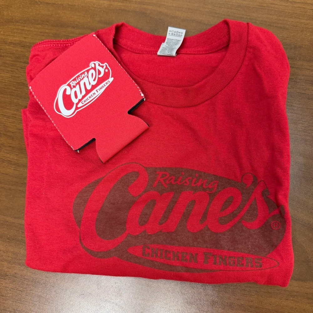 NEW Raising Cane's Red T-Shirt + Koozie Lot Chicken Fingers Logo‎ Tee